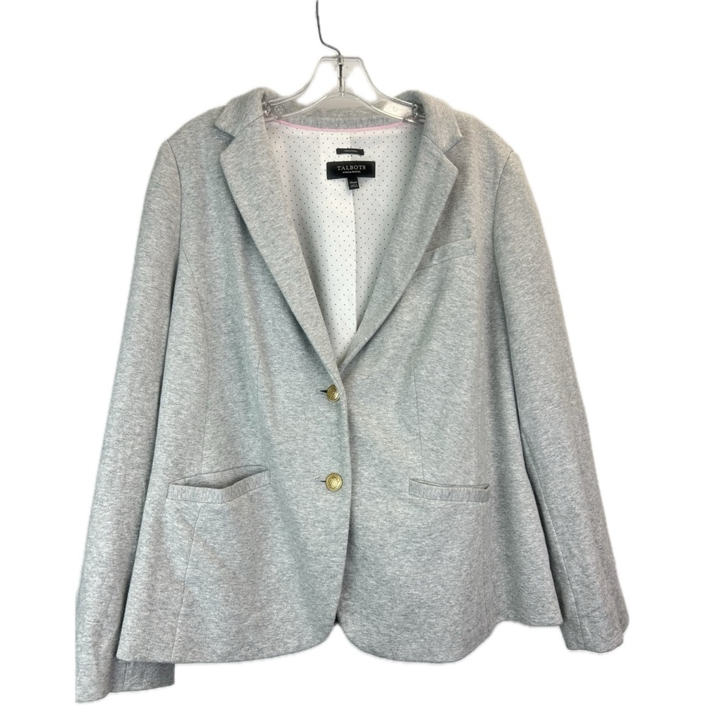 Talbots Woman Petites Aberdeen Light Gray Lined Blazer Size 14WP Gold Buttons